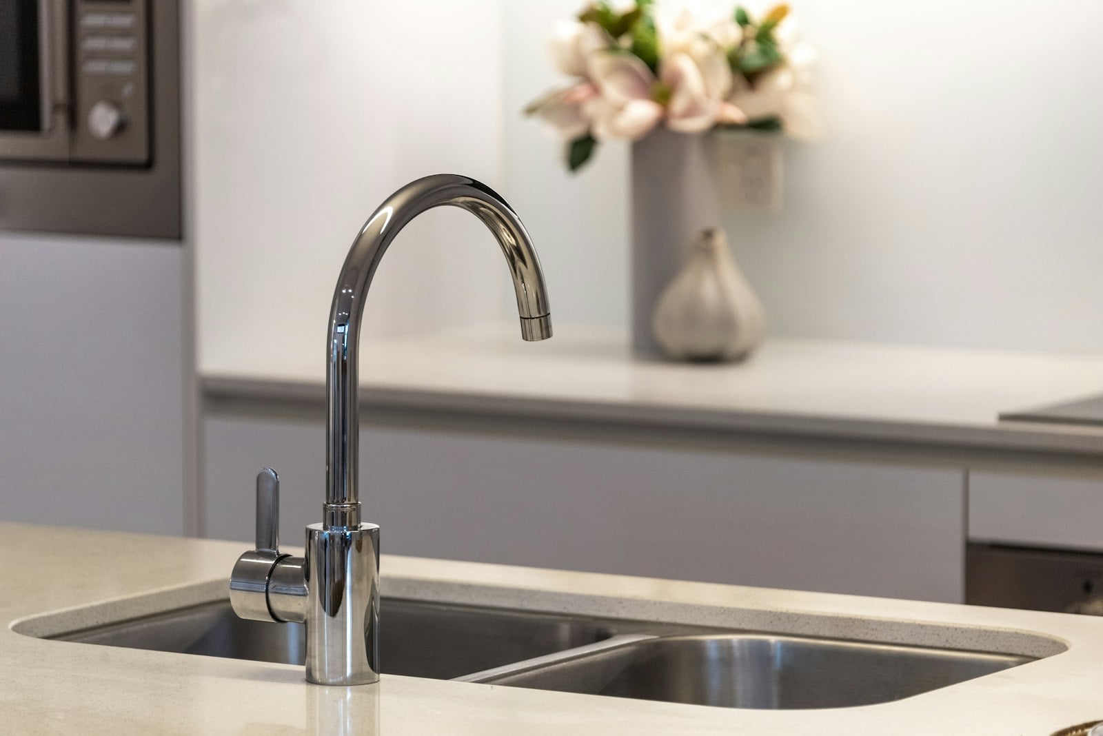 Stainless gooseneck faucet over a double kitchen sink